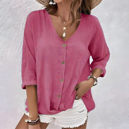 Relaxed Button-Up Blouse with V-Neckline