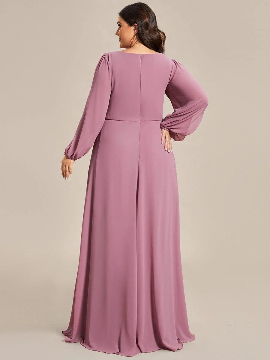 V-Neck Long Sleeve Chiffon Evening Dress