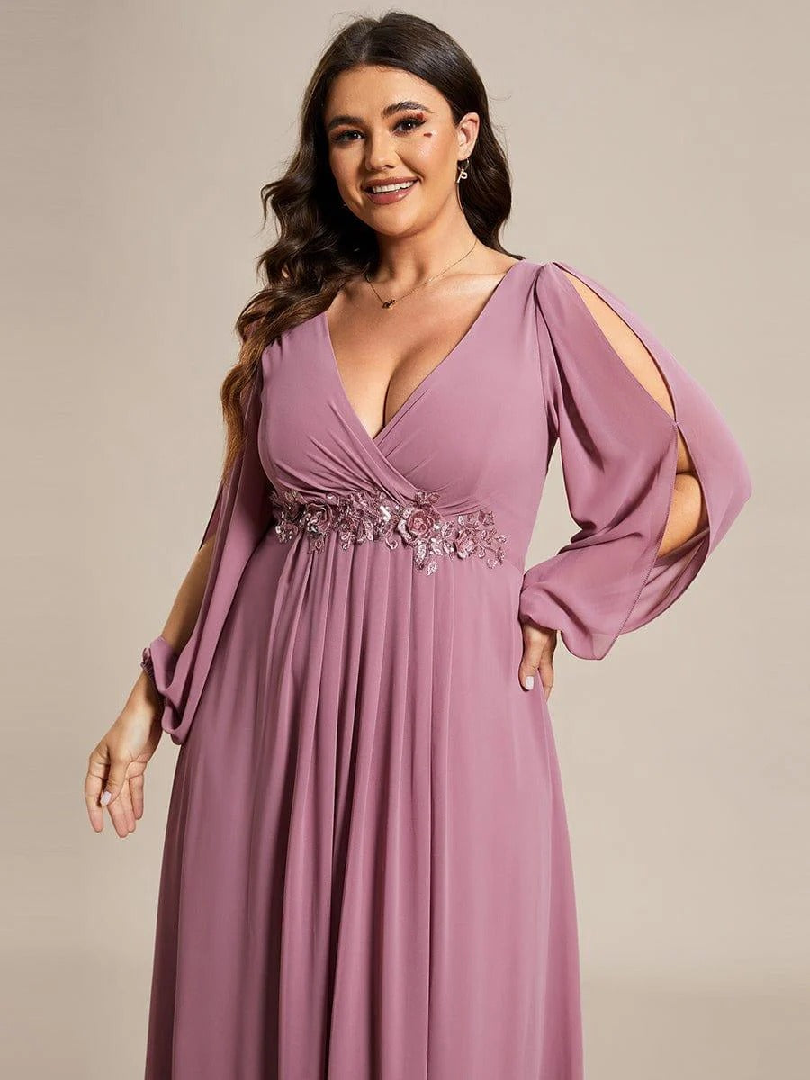 V-Neck Long Sleeve Chiffon Evening Dress