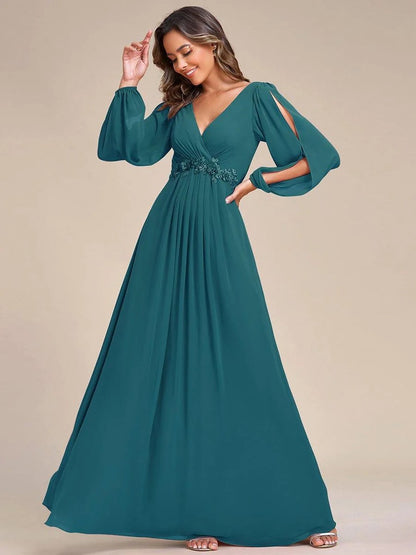 V-Neck Long Sleeve Chiffon Evening Dress