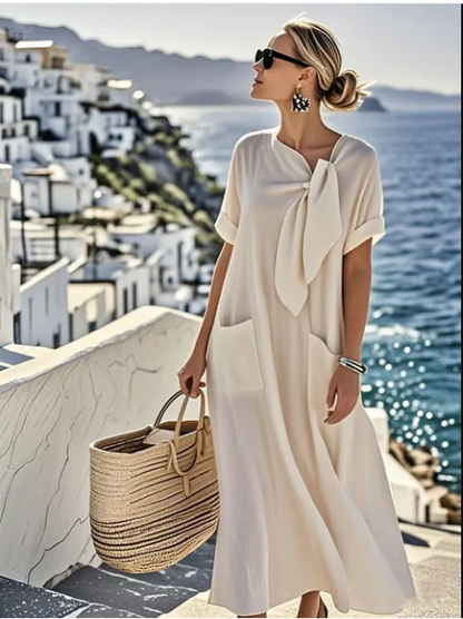 Relaxed Fit Dress with Neck Tie and Pockets
