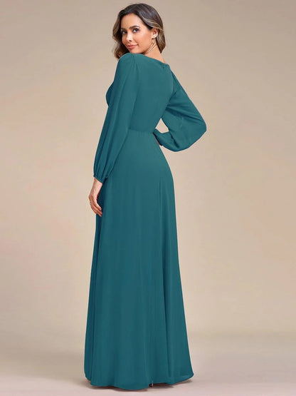V-Neck Long Sleeve Chiffon Evening Dress