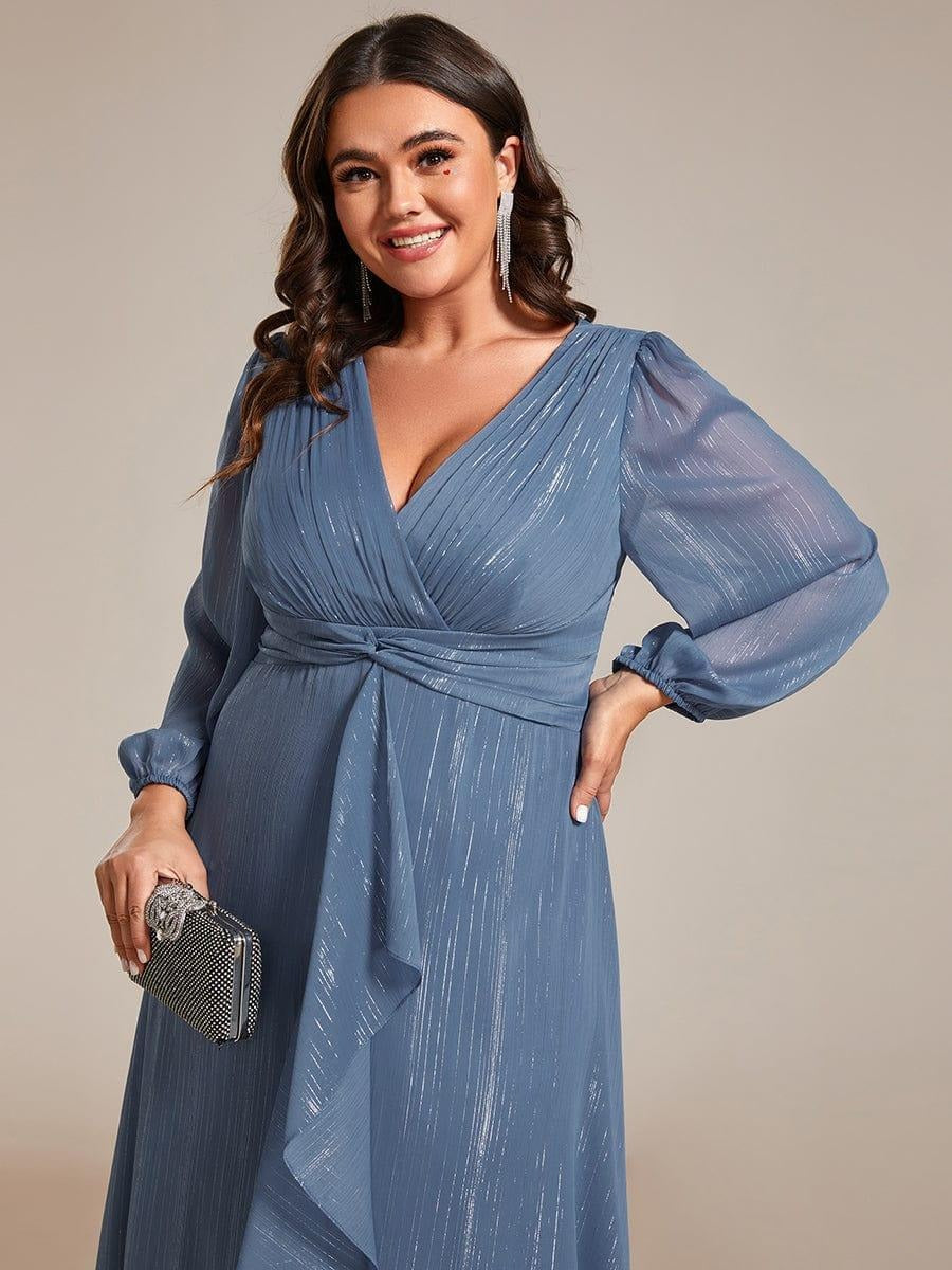Sheer Sleeve Twist Knot Shimmering Evening Dress