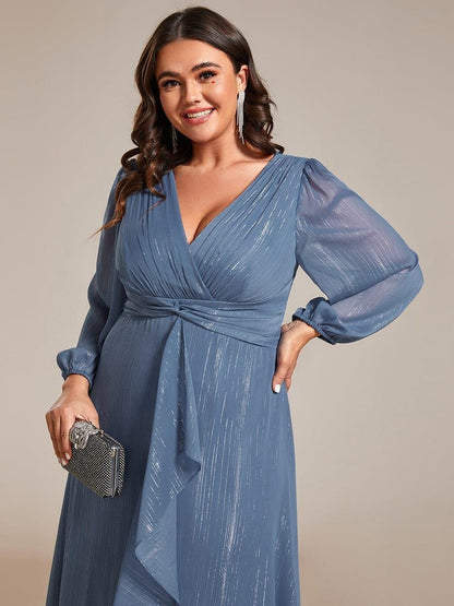 Sheer Sleeve Twist Knot Shimmering Evening Dress