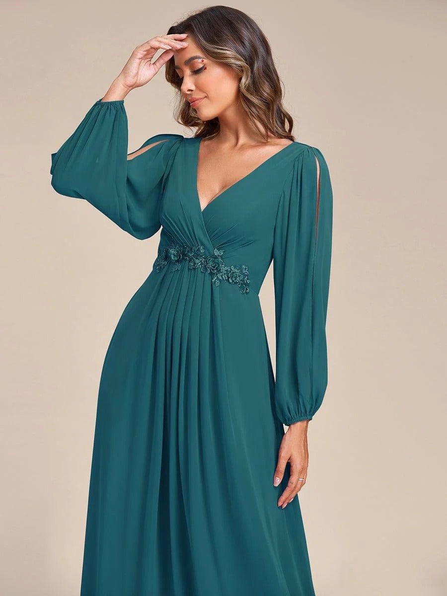 V-Neck Long Sleeve Chiffon Evening Dress