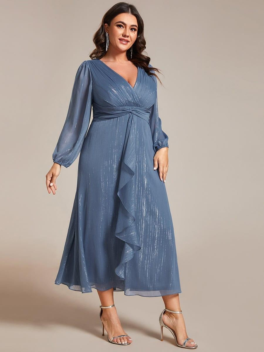 Sheer Sleeve Twist Knot Shimmering Evening Dress