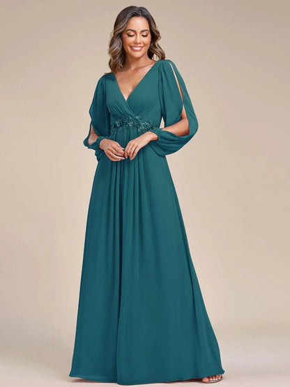V-Neck Long Sleeve Chiffon Evening Dress