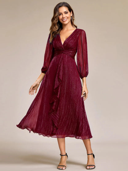 Sheer Sleeve Twist Knot Shimmering Evening Dress