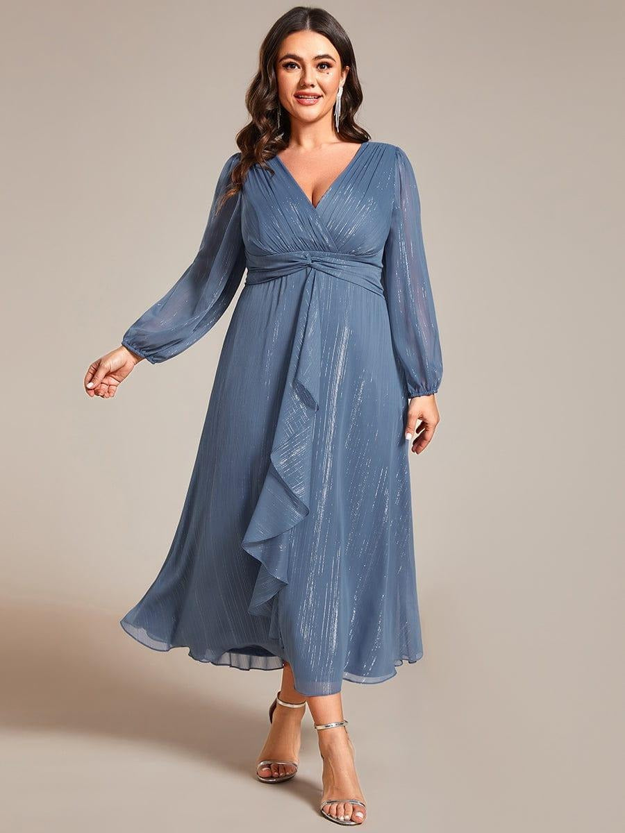 Sheer Sleeve Twist Knot Shimmering Evening Dress