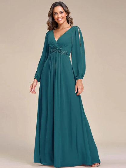 V-Neck Long Sleeve Chiffon Evening Dress