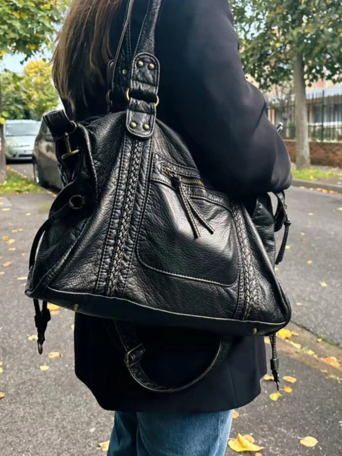 Black Faux Leather Shoulder Bag