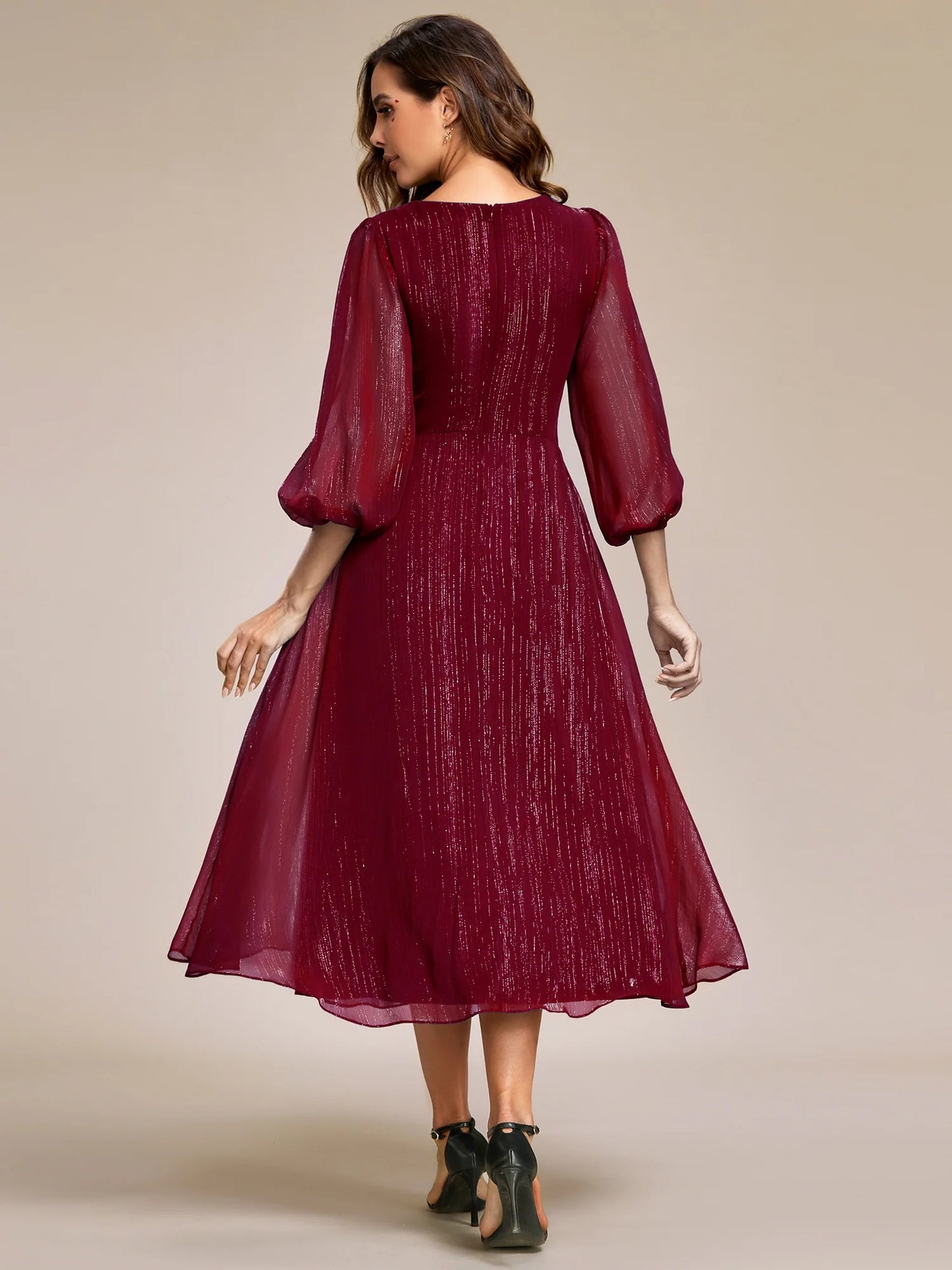 Sheer Sleeve Twist Knot Shimmering Evening Dress