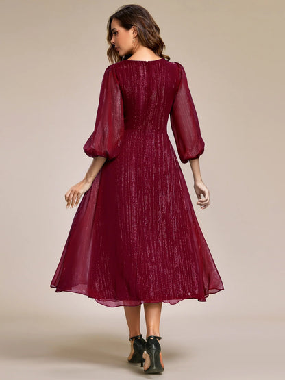 Sheer Sleeve Twist Knot Shimmering Evening Dress