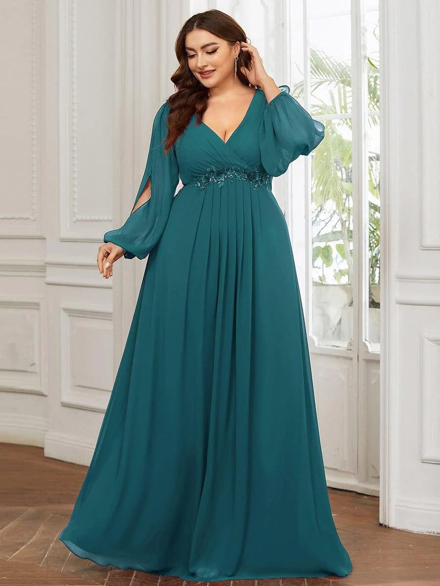 V-Neck Long Sleeve Chiffon Evening Dress