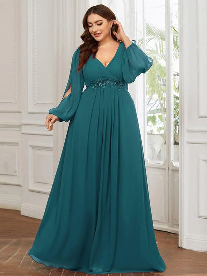 V-Neck Long Sleeve Chiffon Evening Dress