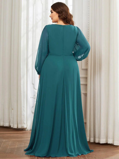 V-Neck Long Sleeve Chiffon Evening Dress