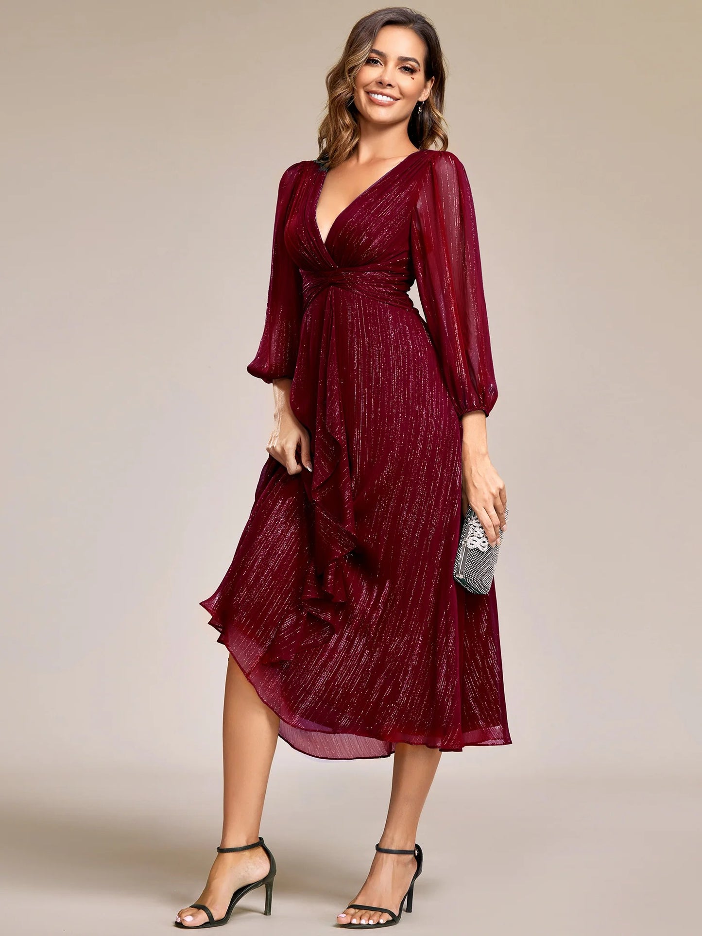 Sheer Sleeve Twist Knot Shimmering Evening Dress