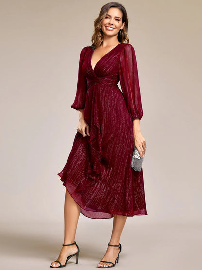 Sheer Sleeve Twist Knot Shimmering Evening Dress
