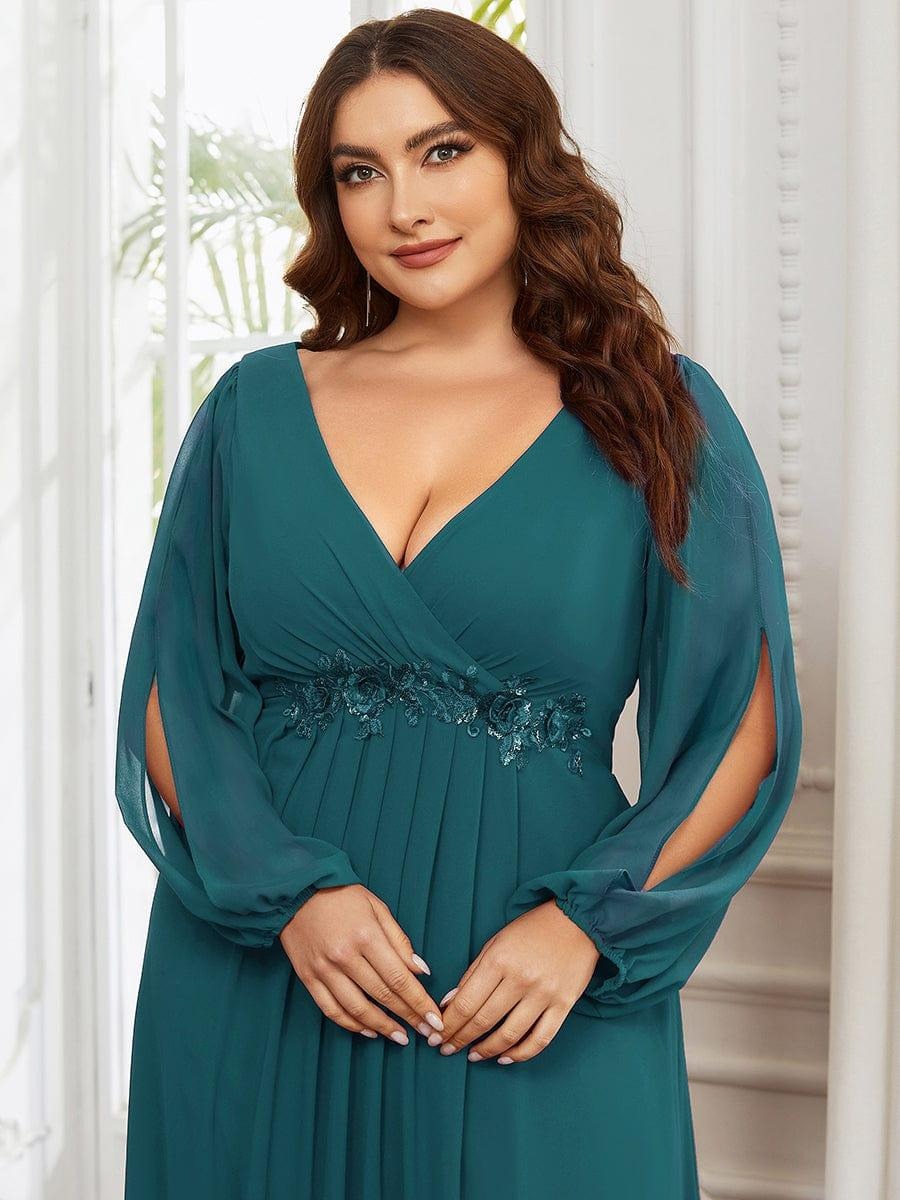 V-Neck Long Sleeve Chiffon Evening Dress