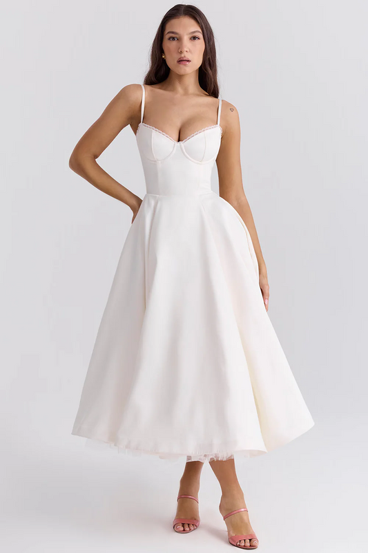 Bustier Midi Dress with Lace Trim and Full Skirt