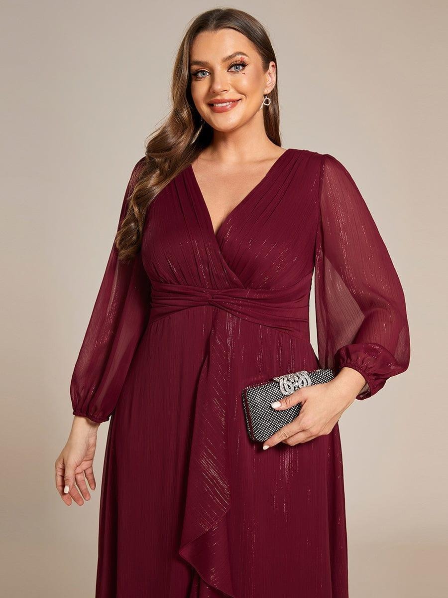 Sheer Sleeve Twist Knot Shimmering Evening Dress