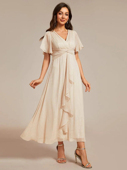 Sheer Sleeve Twist Knot Shimmering Evening Dress