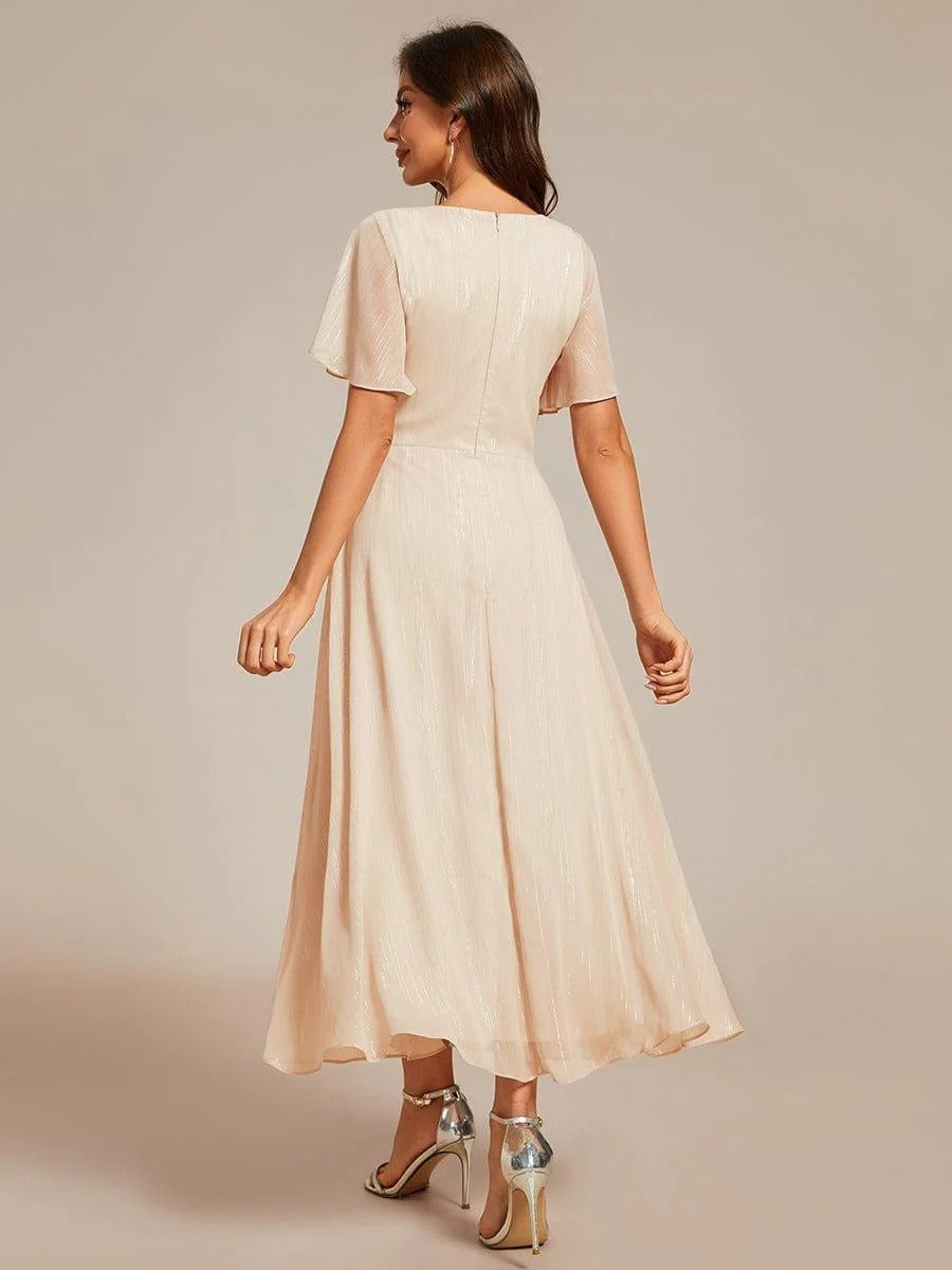 Sheer Sleeve Twist Knot Shimmering Evening Dress