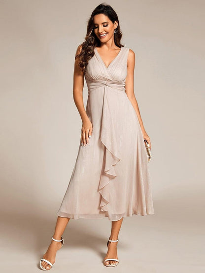 Sheer Sleeve Twist Knot Shimmering Evening Dress