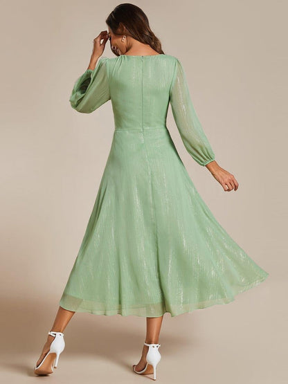 Sheer Sleeve Twist Knot Shimmering Evening Dress