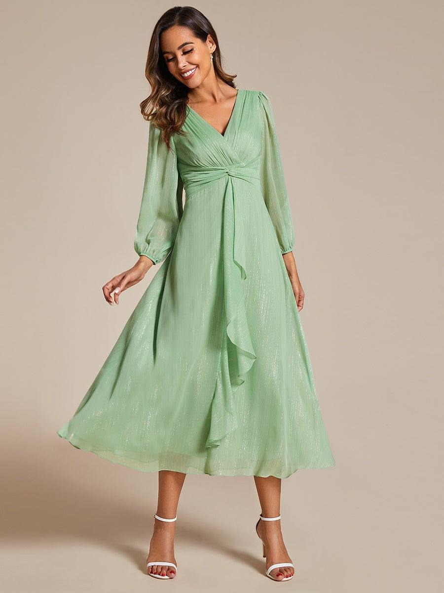 Sheer Sleeve Twist Knot Shimmering Evening Dress