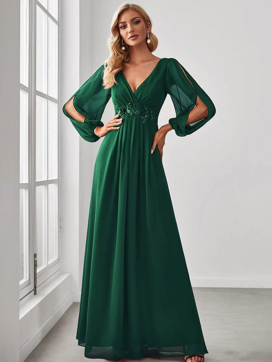 V-Neck Long Sleeve Chiffon Evening Dress