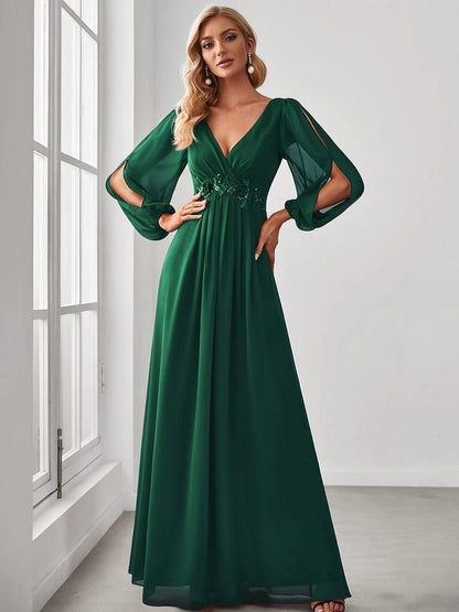V-Neck Long Sleeve Chiffon Evening Dress
