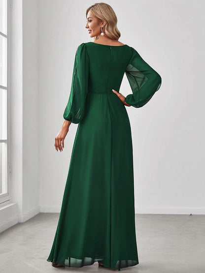 V-Neck Long Sleeve Chiffon Evening Dress