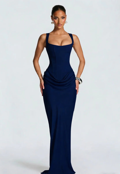 Sleeveless Corset Maxi Dress with Draped Skirt