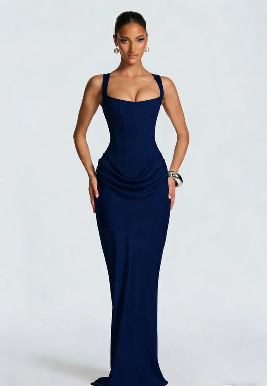 Sleeveless Corset Maxi Dress with Draped Skirt