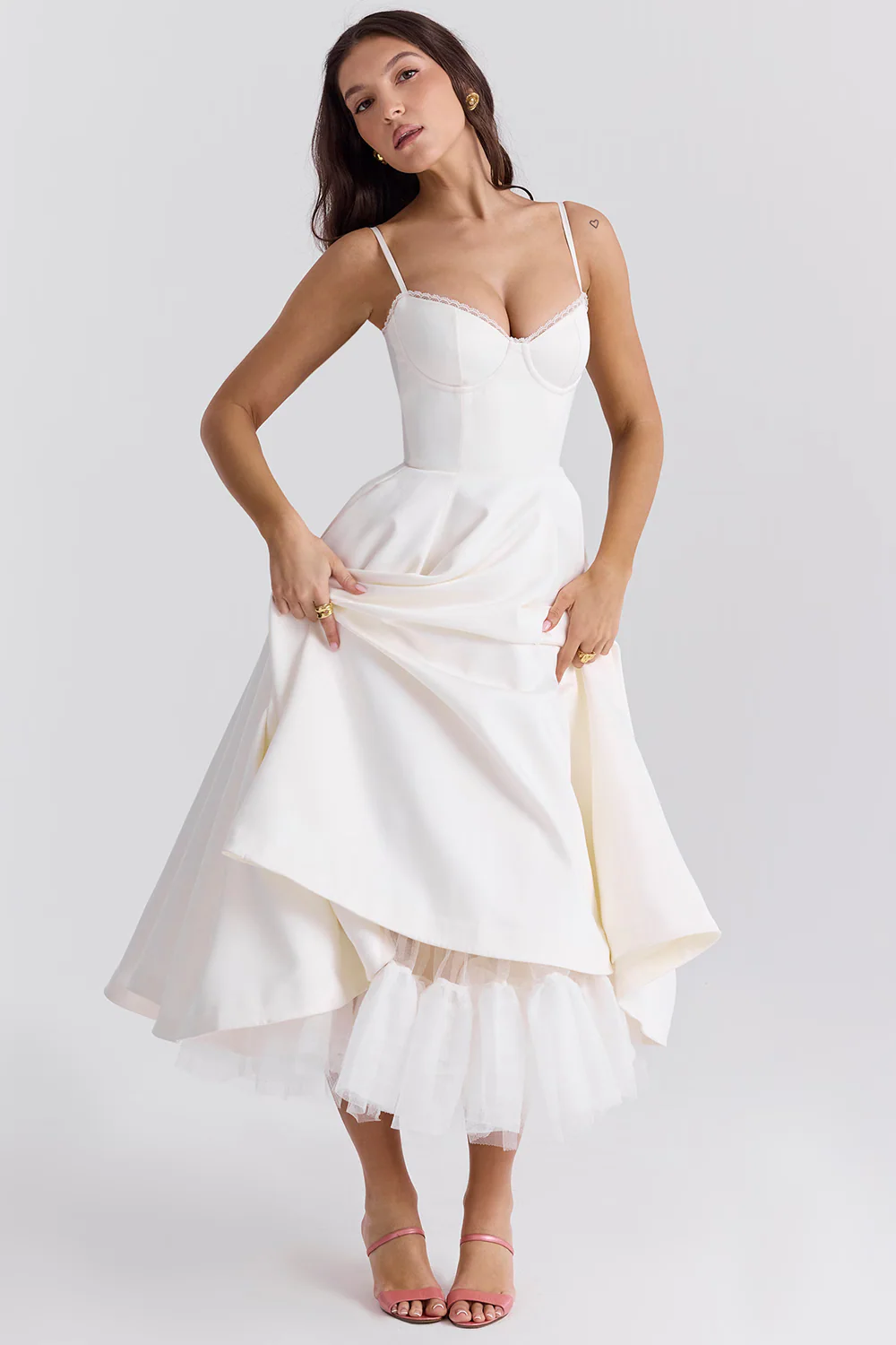Bustier Midi Dress with Lace Trim and Full Skirt
