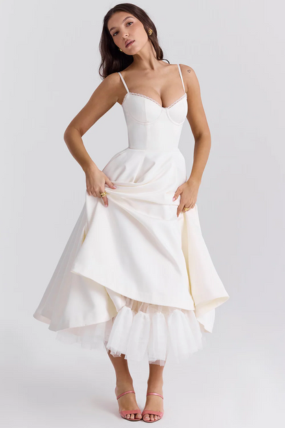 Bustier Midi Dress with Lace Trim and Full Skirt
