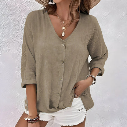 Relaxed Button-Up Blouse with V-Neckline