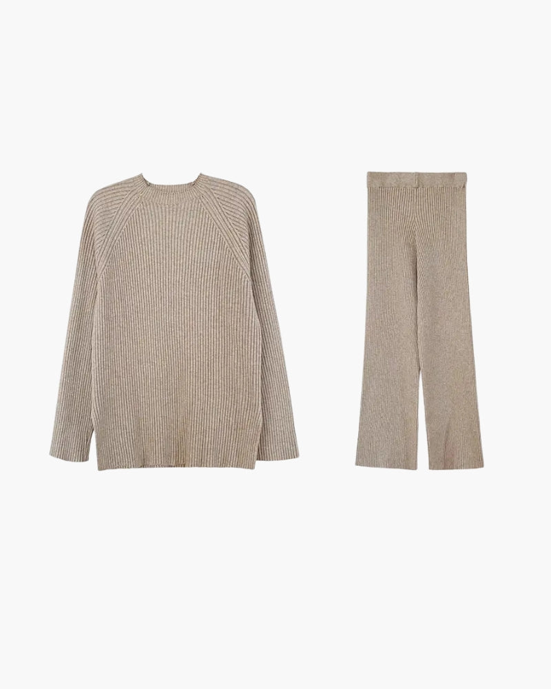 Damen Geripptes Strick Set mit Stehkragen Pullover und Hose mit Weitem Bein