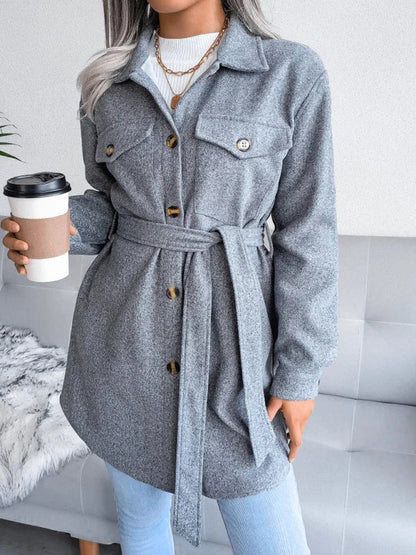 Juna | Damen langer Mantel mit Umlegekragen und Klappentaschen
