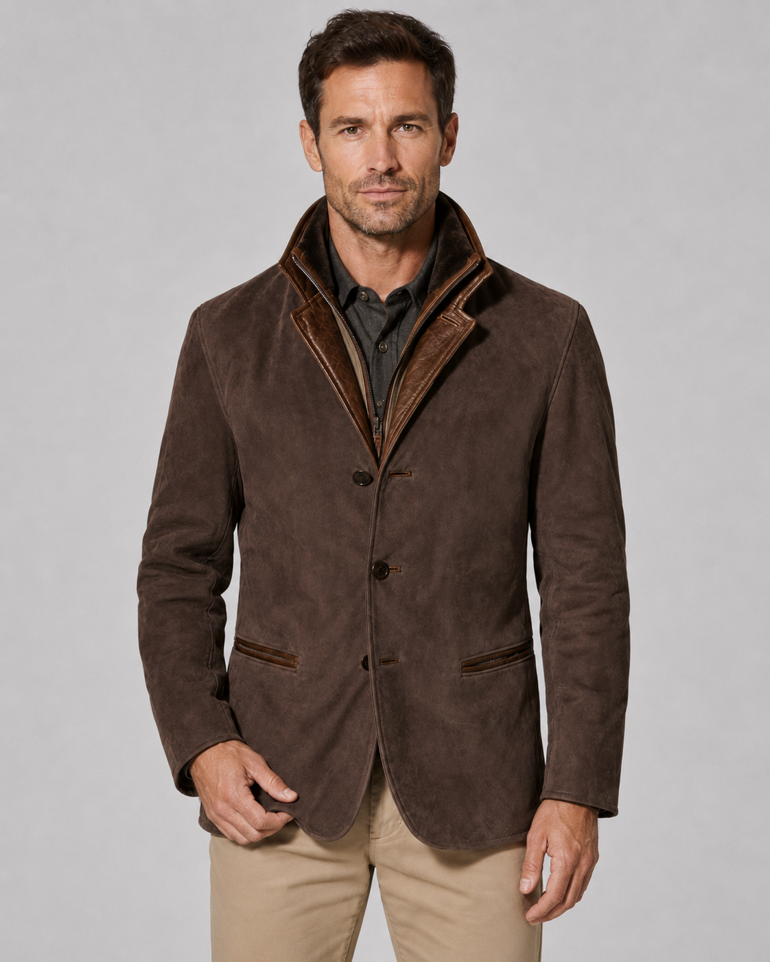Men's Layered Collar Suede-Look Jacket