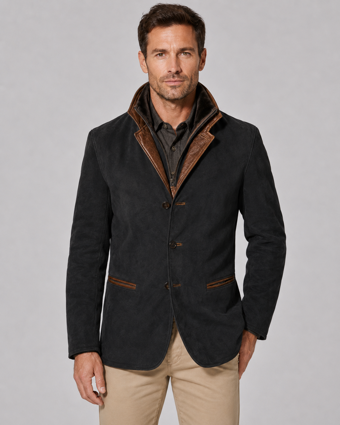 Men's Layered Collar Suede-Look Jacket