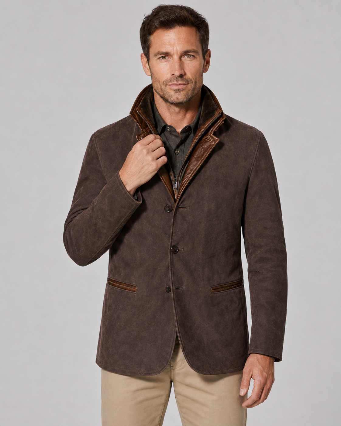 Men's Layered Collar Suede-Look Jacket