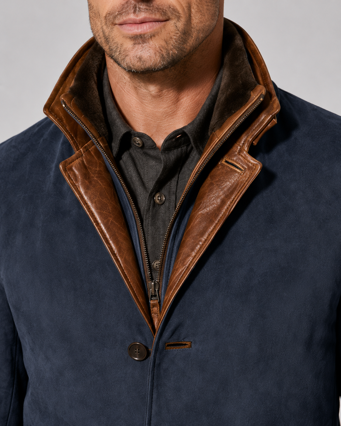 Men's Layered Collar Suede-Look Jacket