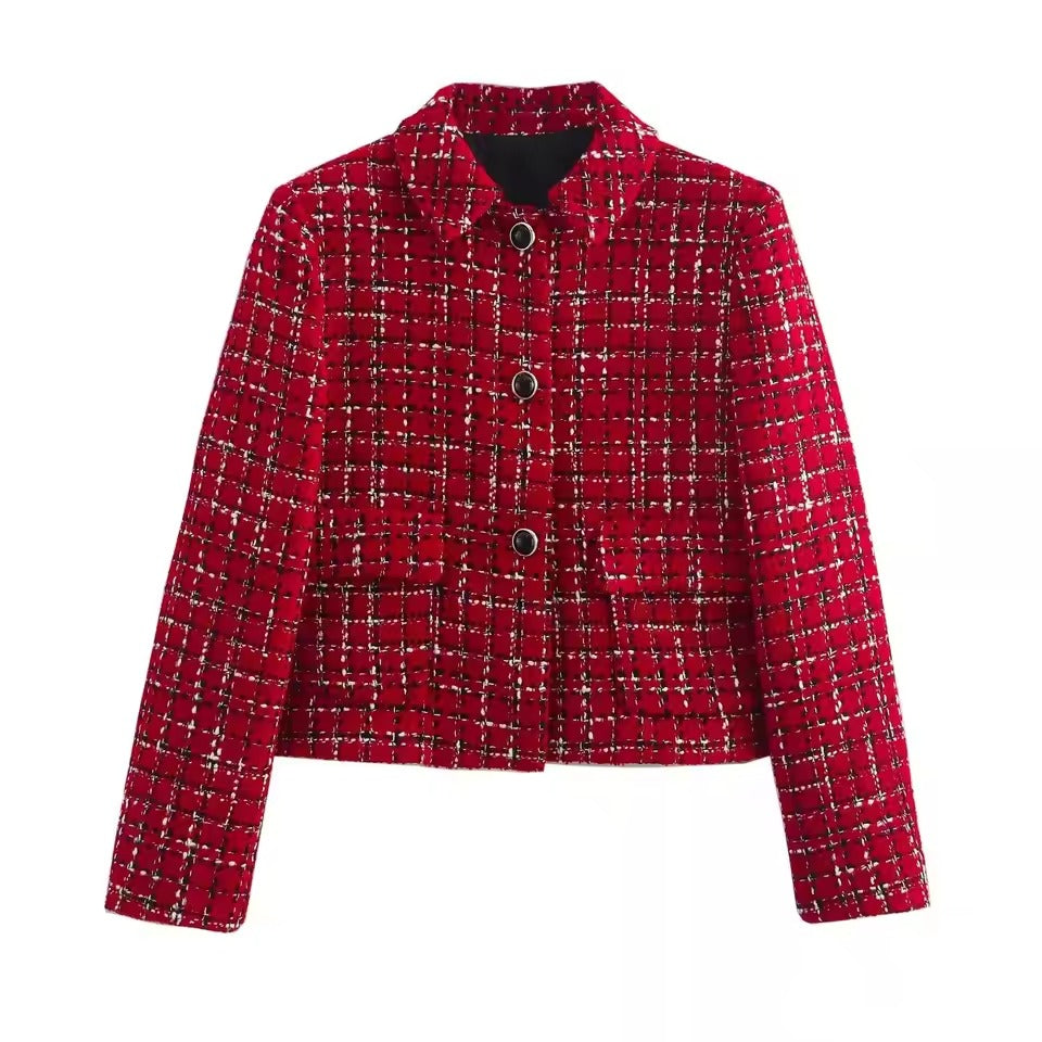 Kurze Damenjacke mit Karomuster und Knopfverschluss