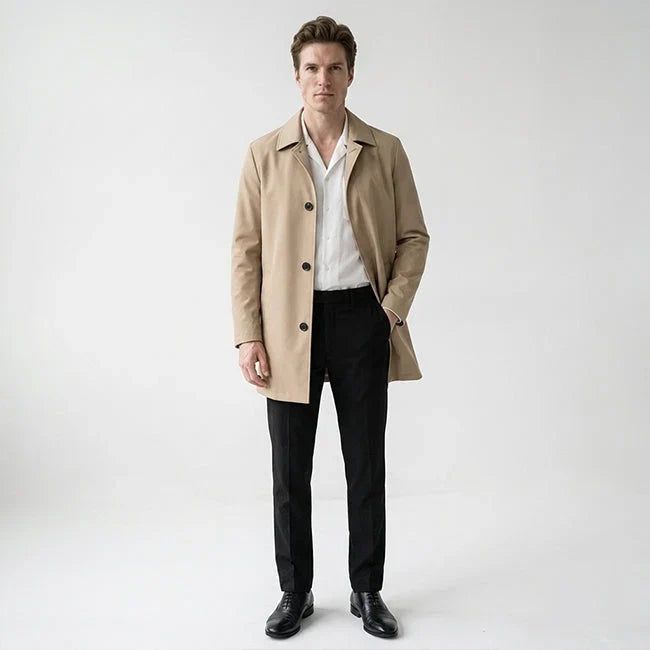 Men's Trench Coat | Mid Length Lapel Collar Button Front
