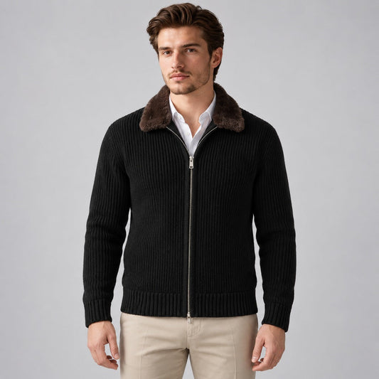 Men's Faux Fur Collar Ribbed Knit Zip Cardigan