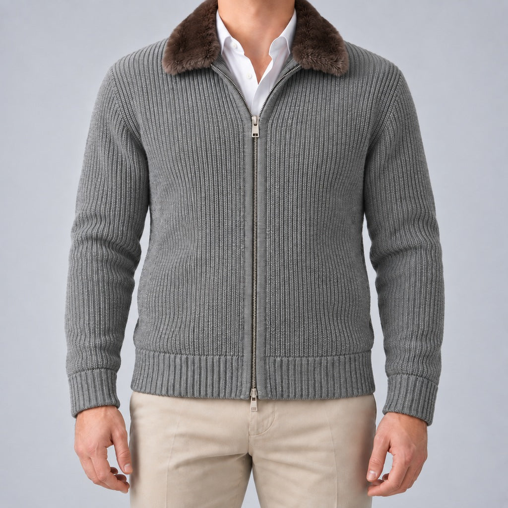 Men's Faux Fur Collar Ribbed Knit Zip Cardigan