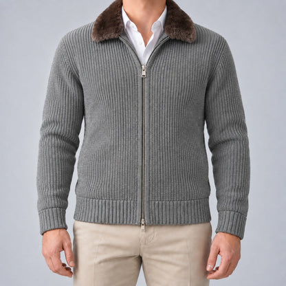 Men's Faux Fur Collar Ribbed Knit Zip Cardigan