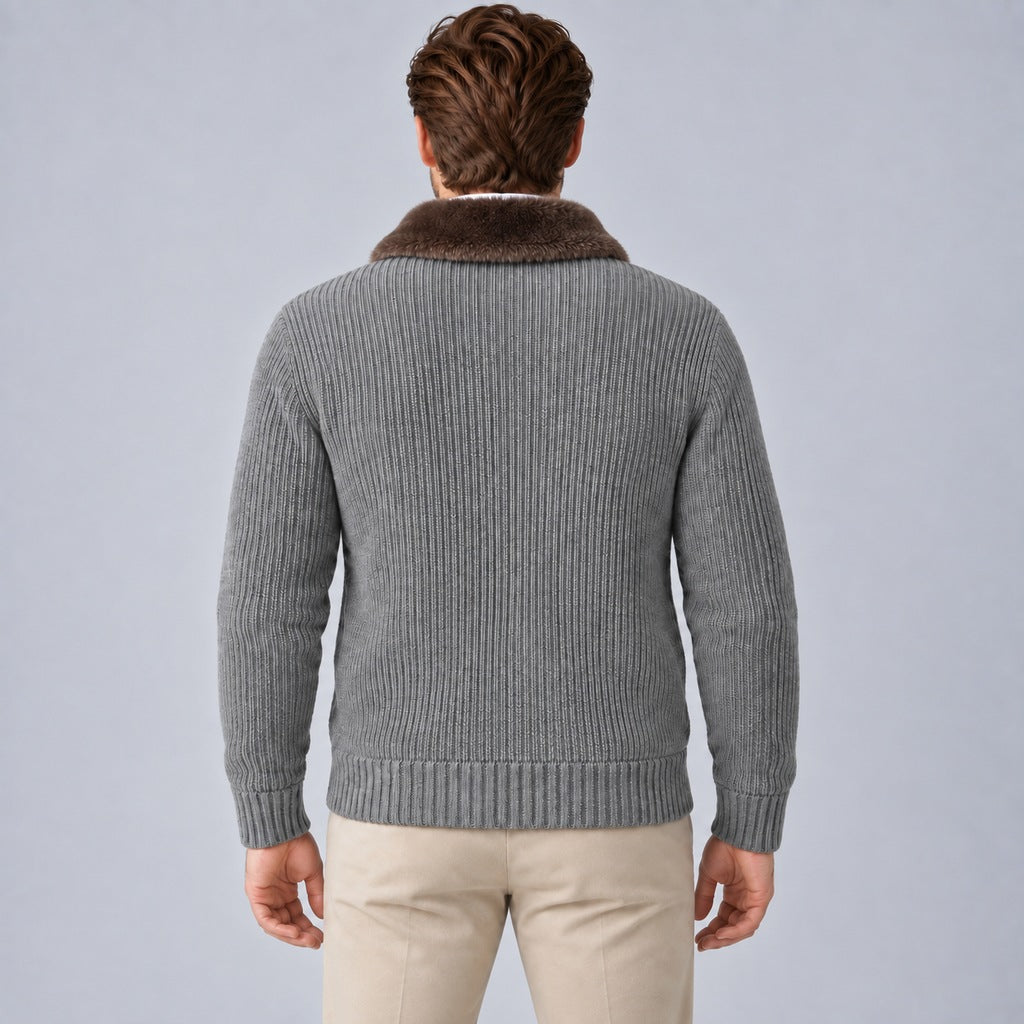 Men's Faux Fur Collar Ribbed Knit Zip Cardigan